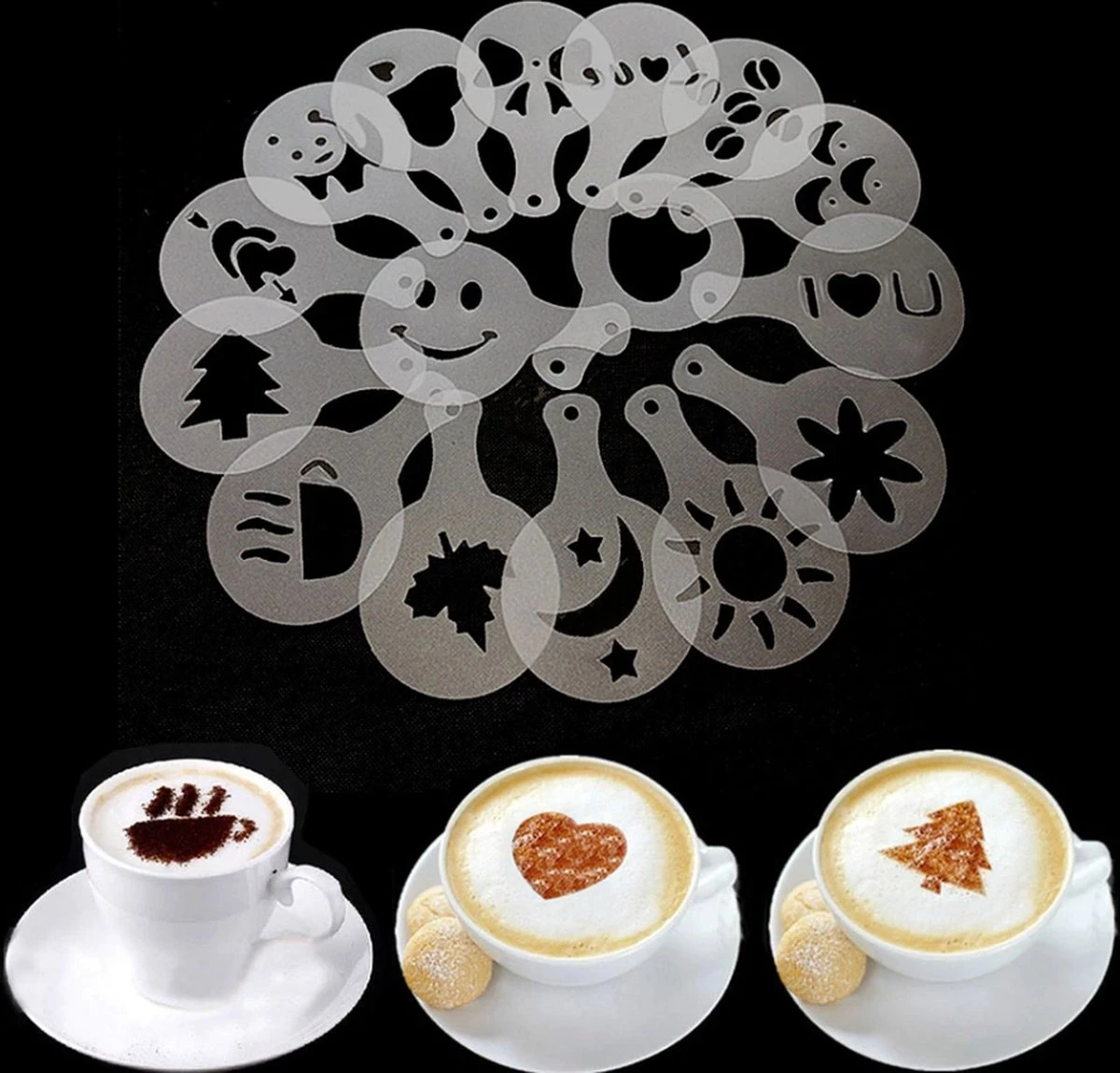 Merkloos Cappuccino Sjabloon - Herbruikbaar Barista Set - Cacao Sjablonen - 16 Stuks 2 Merkloos Cappuccino Sjabloon - Herbruikbaar Barista Set - Cacao Sjablonen - 16 Stuks - Afbeelding 2