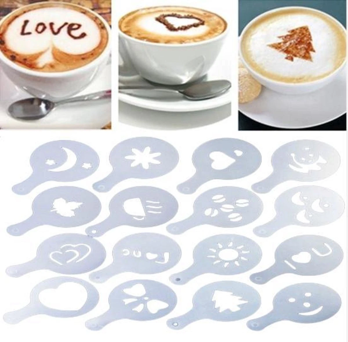 Merkloos Cappuccino Sjabloon - Herbruikbaar Barista Set - Cacao Sjablonen - 16 Stuks 1 Merkloos Cappuccino Sjabloon - Herbruikbaar Barista Set - Cacao Sjablonen - 16 Stuks