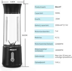 Blend !T Draagbare Mini Blender To Go - Portable Smoothie Maker - Draadloos - USB-oplaadbaar - 500 ML - Zwart -Aanbiedingen Frothwerk Winkel 1200x1179 1